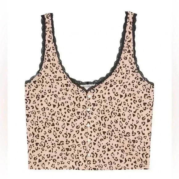 Victoria's Secret Other - Victoria’s Secret Women Pajama Top Crop Leopard Animal Print Lace‎ Trim Size L